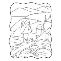 karikaturillustration ein fuchs, der auf einem umgestürzten baumstamm am fluss geht buch oder seite für kinder schwarz und weiß vektor