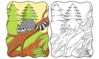 cartoon-illustration waschbären entspannen sich auf baumstämmen mitten im wald, um das sonnenbuch oder die seite für kinder zu genießen