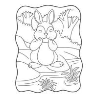 cartoon illustration kaninchen atmet frische luft am fluss mitten im waldbuch oder auf der seite für kinder schwarz und weiß vektor