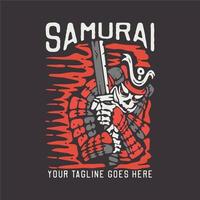 t-shirt design samurai mit samurai, der katana mit brauner hintergrundweinleseillustration hält vektor