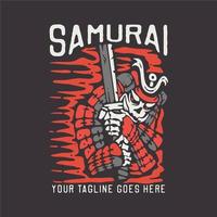 t-shirt design samuraj med samuraj som håller katana med brun bakgrund vintage illustration vektor