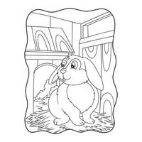 karikaturillustration das kaninchen auf dem heu im käfigbuch oder auf der seite für kinder schwarz und weiß vektor