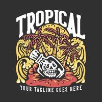 t-shirt design tropisk med skalle i flaskan på stranden med grå bakgrund vintage illustration vektor
