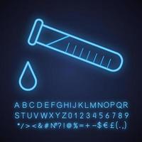 Neonlicht-Symbol für chemische Experimente. Laborreagenzglas mit Tropfen. leuchtendes zeichen mit alphabet, zahlen und symbolen. vektor isolierte illustration