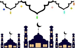 die schönheit von eid al-adha mit drei moscheen, laternen und sternen. vektor