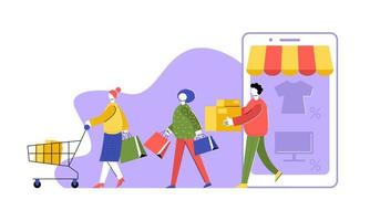 online shopping concept.people med inköp och smartphone. vektor stock illustration i platt stil.