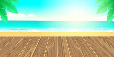 Meer und Sandstrand, blauer sonniger Himmel, Holzdeckboden. Sommerferienkonzept, Reisen. Vektorvorratillustration. vektor