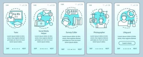 deltidsjobb turkos onboarding mobil app sida skärm vektor handledare, fotograf, badvakt. genomgång av webbplatssteg med linjära illustrationer. ux, ui, gui smartphone gränssnitt koncept