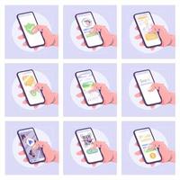 smartphone apps platt vektor illustrationer set. modern mobil teknik tecknad koncept. olika applikationsgränssnitt idé. användare händer som håller mobiltelefoner. affärs- och underhållningsattribut