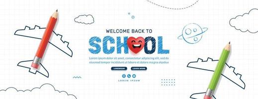 zurück zur schule horizontales banner mit farbigem bleistiftflugzeug. Webseitenvorlage für Online-Kurse, Lernen und Tutorials. Online-Bildungskonzept vektor