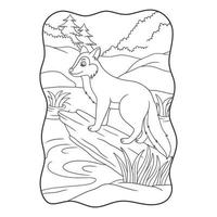 karikaturillustration der wolf steht kühl auf einem umgestürzten baumstamm am fluss und schaut in die entgegengesetzte richtung buch oder seite für kinder schwarz und weiß vektor