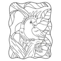 tecknad illustration vit papegoja sitter svalt på en av trädstammarna och visar sin skönhet för att locka honor bok eller sida för barn svart och vitt vektor