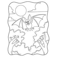 tecknad illustration en vy underifrån fladdermössen flyger på natten i skogen med månen som lyser starkt bok eller sida för barn svart och vitt vektor