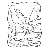 tecknad illustration noshörning som går vid floden mitt i skogen under en hög klippa bok eller sida för barn svart och vitt vektor