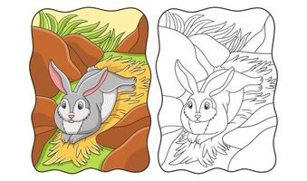 karikaturillustration das kaninchen liegt auf dem heu unter der klippe, um den sonnenschein mitten im waldbuch oder auf der seite für kinder zu genießen