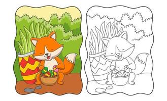 karikaturillustration ein fuchs, der einen behälter mit bunten eiern hinter einem busch im wald hält, buch oder seite für kinder vektor