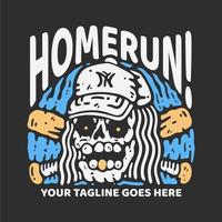 t-shirt design home run med skalle bär basebollhatt med grå bakgrund vintage illustration vektor