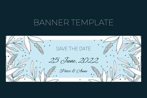 Blumenhochzeit horizontale Banner-Vorlage in handgezeichnetem Doodle-Stil, Save the Date Einladungskartendesign mit Linienblumen und Blättern, Punkten. Vektor Zierrahmen auf weißem und blauem Hintergrund.