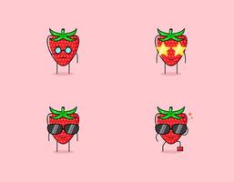 satz niedlicher erdbeer-zeichentrickfigur mit ernstem, lächeln und brillenausdruck. geeignet für Emoticon, Logo, Symbol und Maskottchen vektor
