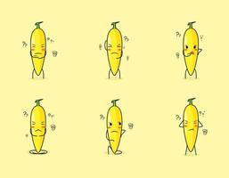 satz niedlicher bananenzeichentrickfigur mit denkendem ausdruck. geeignet für Emoticon, Logo, Symbol und Maskottchen vektor