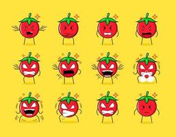 sammlung süßer tomatenzeichentrickfiguren mit wütenden ausdrücken. geeignet für Emoticon, Logo, Symbol und Maskottchen vektor