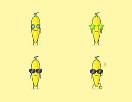 satz süßer bananenzeichentrickfigur mit ernstem, lächeln und brillenausdruck. geeignet für Emoticon, Logo, Symbol und Maskottchen vektor