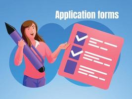 en kvinna som håller en penna ansökningsformulär koncept vektor