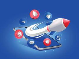 boost inlägg sociala medier med raket och smartphone vektor