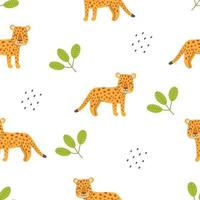 seamless mönster med söt leopard på en vit bakgrund. vektor barnslig illustration