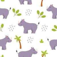 seamless mönster med söt noshörning och palmträd på en vit bakgrund. vektor barnslig illustration