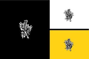 Logo-Design von Tiger und Blumenvektor schwarz und weiß vektor