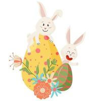 kaniner karaktär. sitter på ägg, ler rolig, glad påsk tecknade kaniner med ägg, blomma vektor