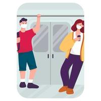 flache vektorillustration. Menschen in der U-Bahn während der Pandemie mit Masken. mann und frau im transport. vektor