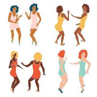 abstrakte Farbe Disco lockige Mädchen Set, tanzende gesichtslose schlanke Paarzwillinge Damen Silhouetten für Flyer, Karten, Poster entwerfen Vektorillustration