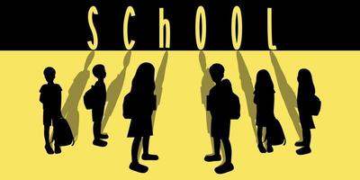 Plakat- oder Bannerkonzept von Schulkindern mit Schatten, Schülern mit Rucksäcken, Hintergrundtext Schule schwarz-gelbe Vektorgrafik vektor
