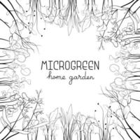 mikrogrüne Skizzenvektorillustration. Graskreisrahmen für Text. Grün für den Hausgarten. Senf, Mais, Erbsen, Zwiebeln, Sonnenblumenpflanze für Salat vektor
