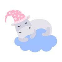 Cartoon-Nilpferd schläft auf einer Wolke. Gute Nacht, Schlaflied-Thema. Vektor isoliert auf weißem Hintergrund