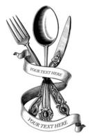Kreuz aus Löffel, Gabel und Messer Hand zeichnen Vintage Gravur Stil Schwarz-Weiß-ClipArt isoliert auf weißem Hintergrund vektor