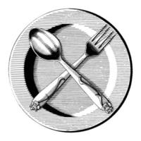 Kreuz aus Löffel und Gabel auf Teller Hand zeichnen Vintage Gravur Stil Schwarz-Weiß-ClipArt isoliert auf weißem Hintergrund vektor