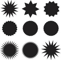 Stellen Sie schwarze Preisschilder auf weißem Hintergrund ein. schwarzer Starburst-Aufkleber, Aufkleber und Sonnendurchbruch. Sunburst-Abzeichen unterzeichnen. Werbeverkaufssymbol. vektor