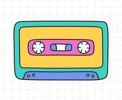 söt retro kassettband från 90-talet i doodle-stil. old school kompakt ljudkassett i klara färger. vintage analog mixtape. vektor handritad illustration isolerad på rutig bakgrund.