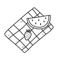Stück Wassermelone und Erdbeere auf der Tischdecke. Picknick mit Obst. handgezeichnete Vektorgrafik im Doodle-Stil. perfekt für Sommerdesigns, Karten, Logos, Dekorationen. vektor