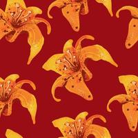 Muster mit orangefarbenen Lilien auf rotem Hintergrund. vektor