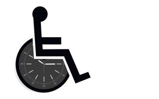 funktionshindrad person i rullstol i form av en klocka med pilar som symbol för medvetenhet och omsorg. kopieringsutrymme. vektor illustration