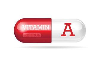 vitamin a, tvåfärgad röd-vit kapsel, tabletter, kosttillskott, på vit bakgrund. vektor illustration