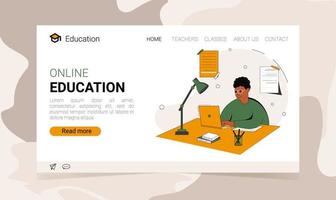 målsida för onlineutbildning med en pojke som studerar med dator. vektor illustration i platt stil. begreppet online utbildning illustration.