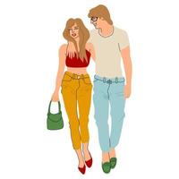 romantisches paar, das mit umarmten armen durch die straßen geht. junger mann und frau in farbenfrohen trendigen kleidern. schöne Leute bei einem ungezwungenen Date. Streetstyle-Outfits. vektor