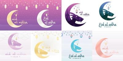eid al-adha med gethuvud, moské, månstjärnor och lyktor. lämplig för banderoller, affischer, broschyrer, försäljningsbroschyrmallar set vektor