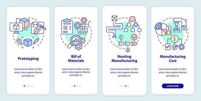 herstellungsphasen beim onboarding des mobilen app-bildschirms. Produktionsprozess Walkthrough 4 Schritte grafische Anleitungsseiten mit linearen Konzepten. ui, ux, gui-Vorlage. vektor