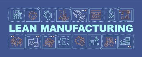 Lean-Manufacturing-Wortkonzepte dunkelblaues Banner. Warenproduktion. Infografiken mit Symbolen auf farbigem Hintergrund. isolierte Typografie. Vektorillustration mit Text. vektor